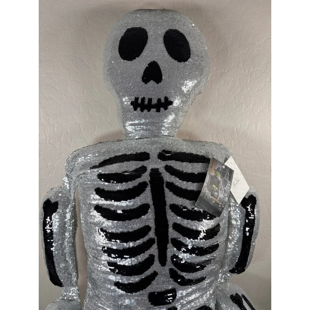 LARGE Isaac Mizrahi New York Silver Sequin Skeleton Decorative Pillow Halloween